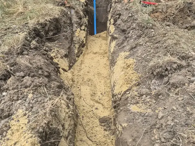 Neat, narrow trench with the new supply pipe laid at depth
