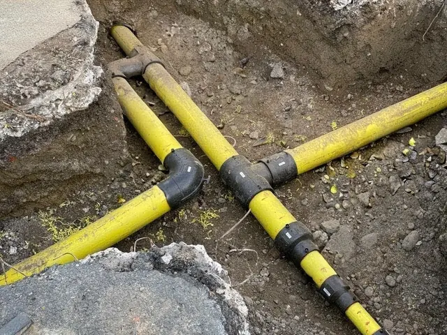 New PE gas main and service junction in an open excavation, Kent