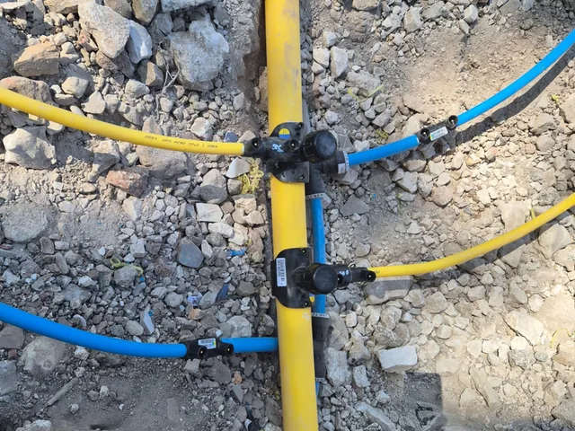 Yellow gas main with service tees alongside blue water connections on a multi-utility site