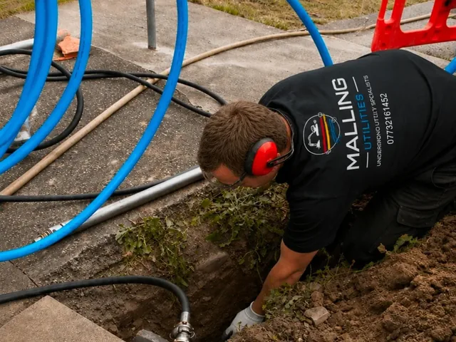 Moling a new water supply in — coiled MDPE pipe and air lines at the pit