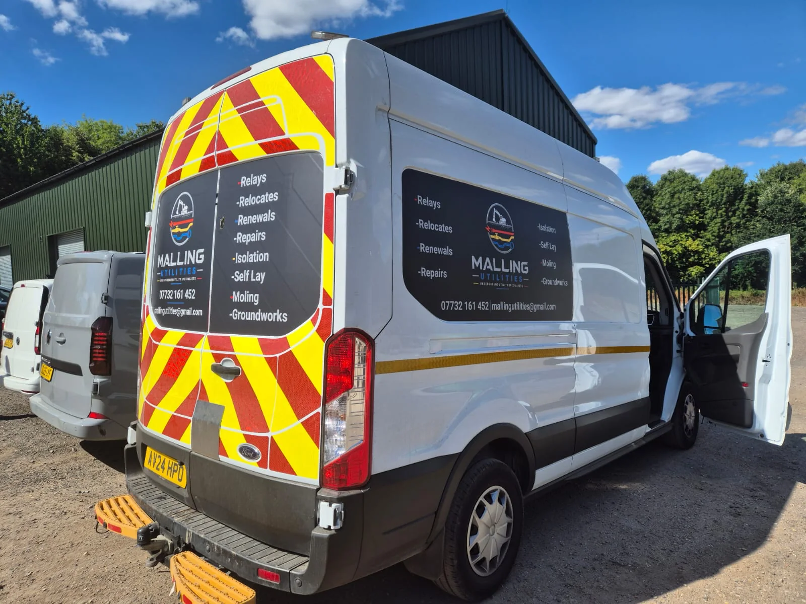 A signwritten Malling Utilities van with Chapter 8 chevrons, listing relays, relocates, renewals, repairs, isolation, self-lay, moling and groundworks A signwritten Malling Utilities van with Chapter 8 chevrons, listing relays, relocates, renewals, repairs, isolation, self-lay, moling and groundworks